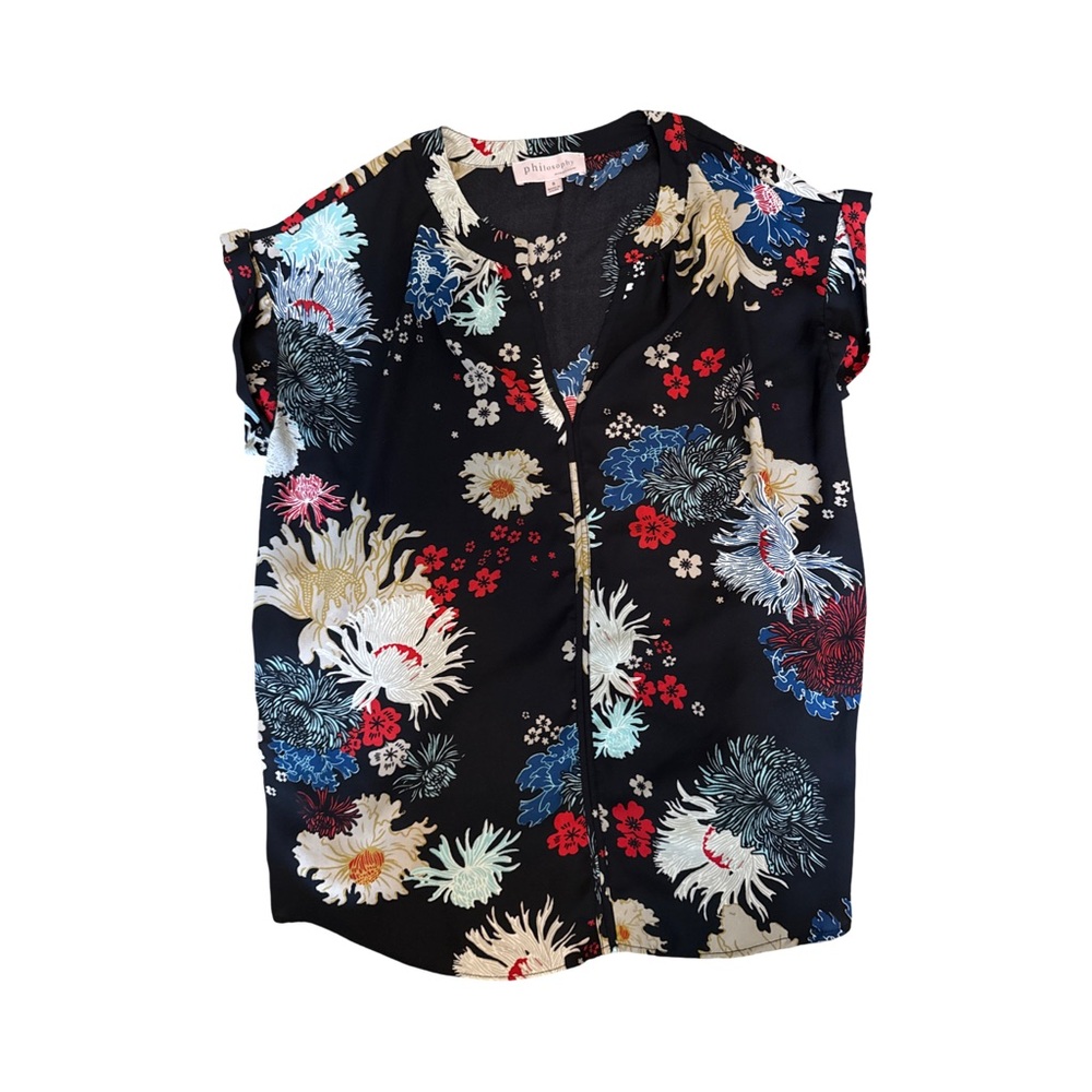 Philosophy Black and Blue Cap Sleeve Blouse with Mandarin Collar